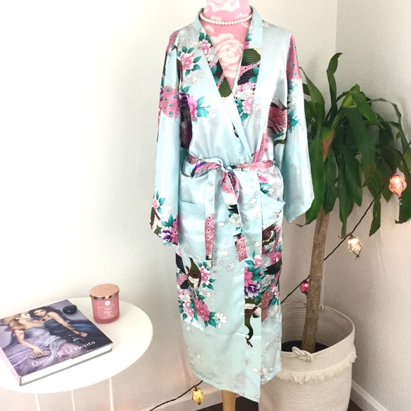 Peacock Blue Romantic Satin Kimono Robe - Picture 1 of 4